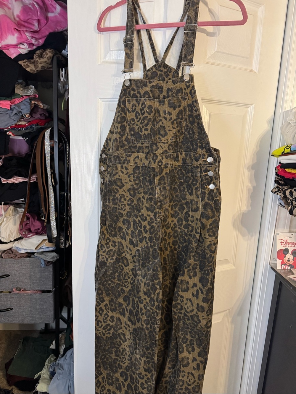 Women's Leopard Print Denim Overalls - Olive/Black
